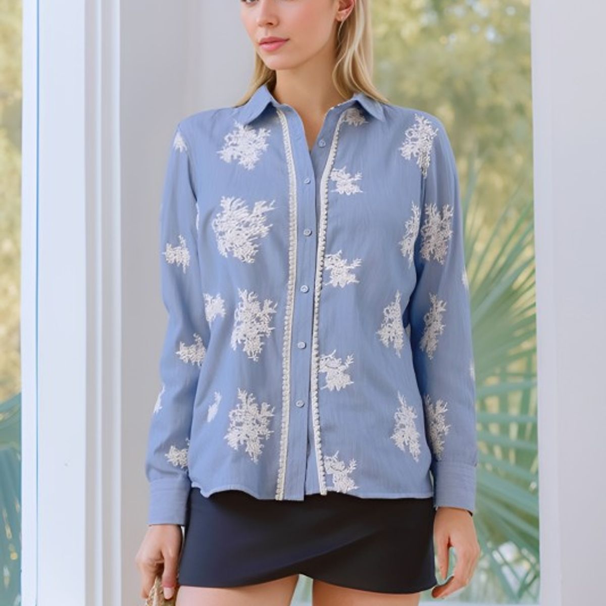 VRUSSO - Camisa Manga Larga Bordada de Algodón