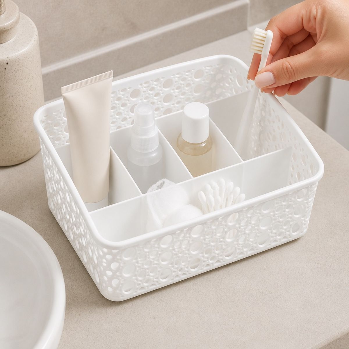 HOMESTAR - Cesta Organizadora Plástica con Divisiones - Blanco