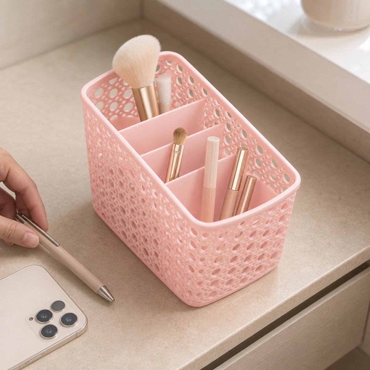 HOMESTAR - Cesta Organizadora Plástica con Divisiones - Rosa