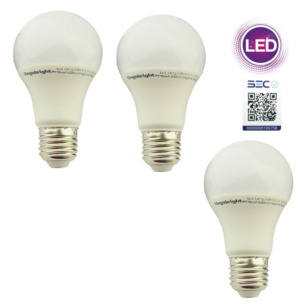 MEGABRIGHT - Ampolletas Led Luz Blanca 60w E27 Certificada Sec SET X3