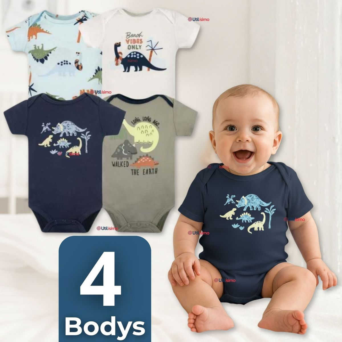 TEDMIMAK - Pack 4 Bodys Niño Manga Corta Tedmimak 100% Algodón Dino Aventura