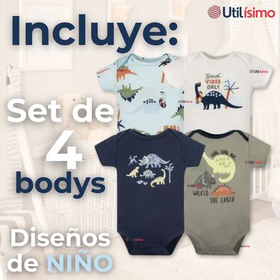 Imagen 2 del producto Pack 4 Bodys Niño Manga Corta 100% Algodón Dino Aventura