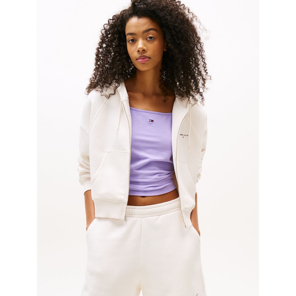 TOMMY HILFIGER - Polerón Hoodie Cropped Con Logo Blanco Tommy Jeans