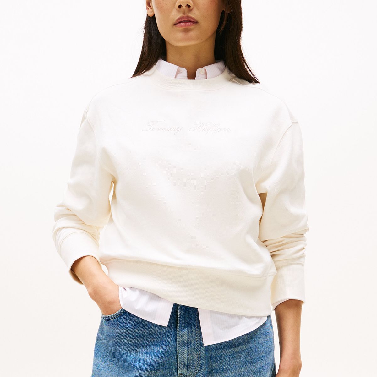 TOMMY HILFIGER - Polerón Con Logo Scrip Bordado Blanco Tommy Hilfiger