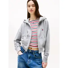 TOMMY HILFIGER - Polerón Hoodie Cropped Con Cierre Gris Tommy Jeans