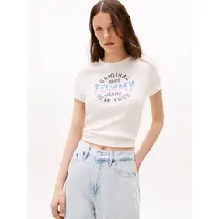 TOMMY HILFIGER - Polera Acanalada Con Logo New York Blanco Tommy Jeans