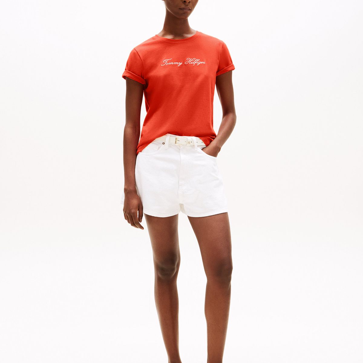 TOMMY HILFIGER - Polera Con Logo Bordado Naranjo Tommy Hilfiger