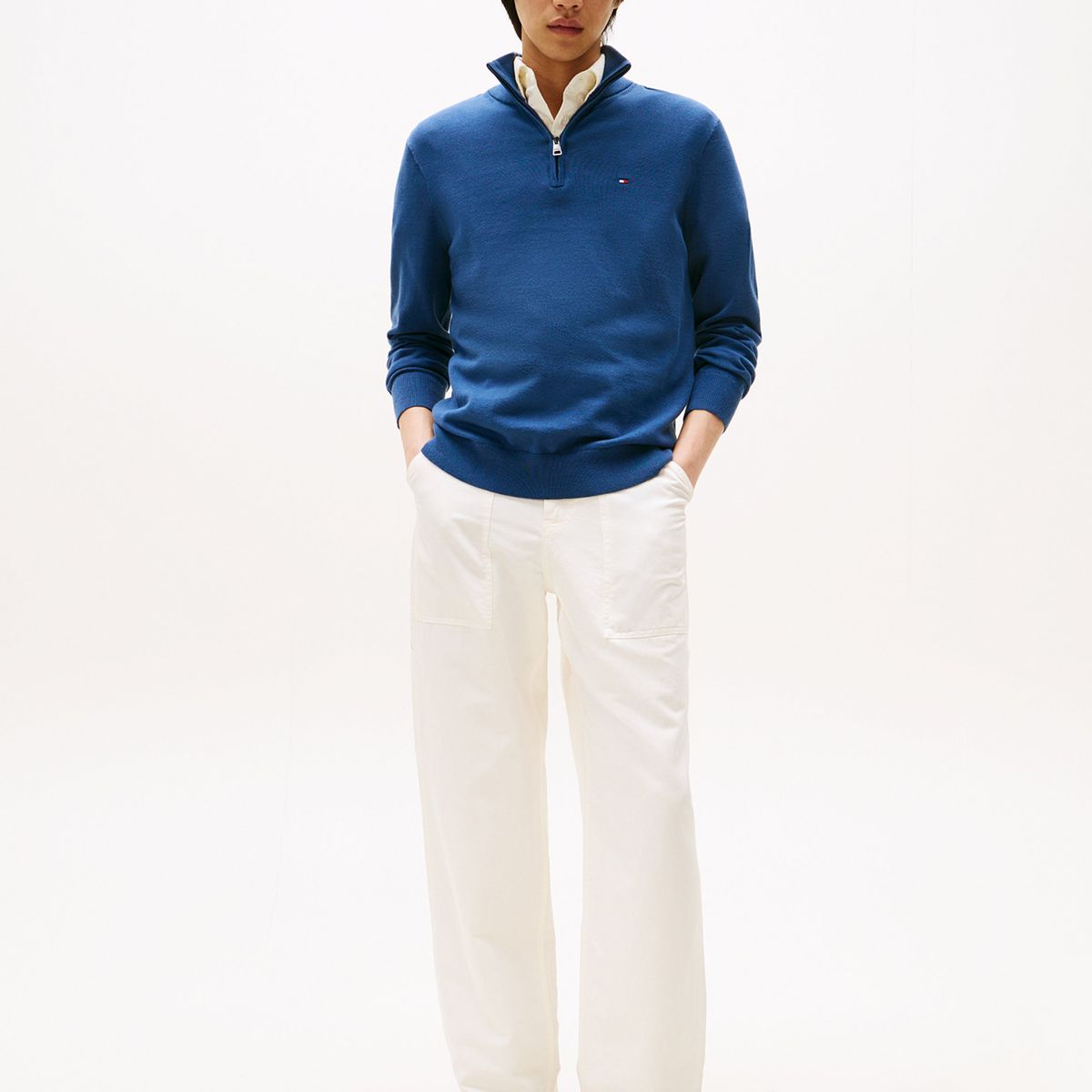 TOMMY HILFIGER - Sweater Essential Cotton Con Medio Cierre Azul Tommy Hilfiger