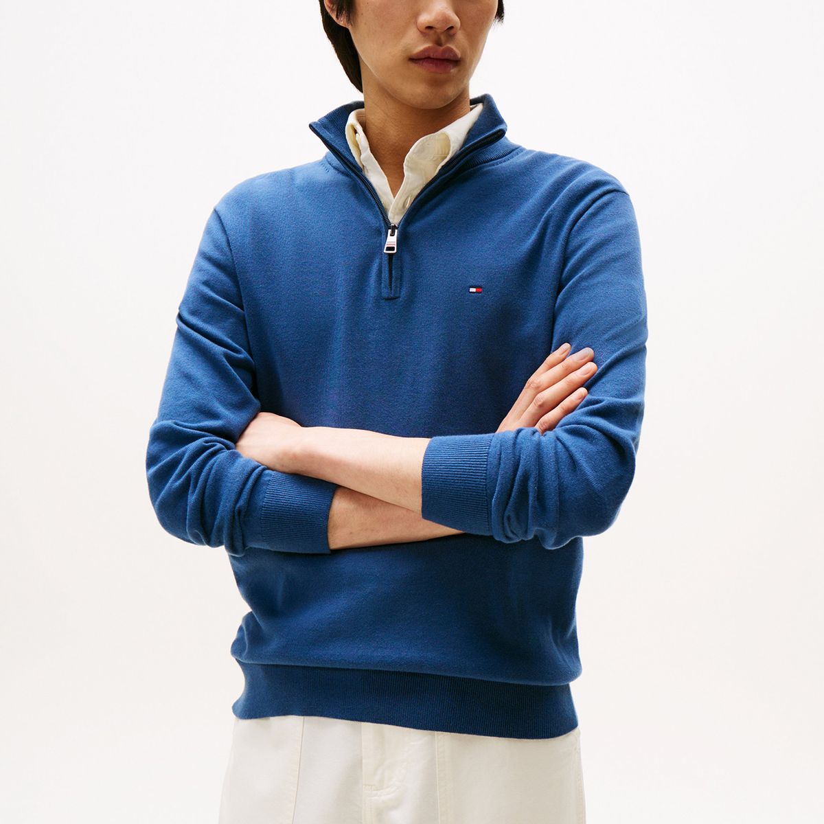 TOMMY HILFIGER - Sweater Essential Cotton Con Medio Cierre Azul Tommy Hilfiger