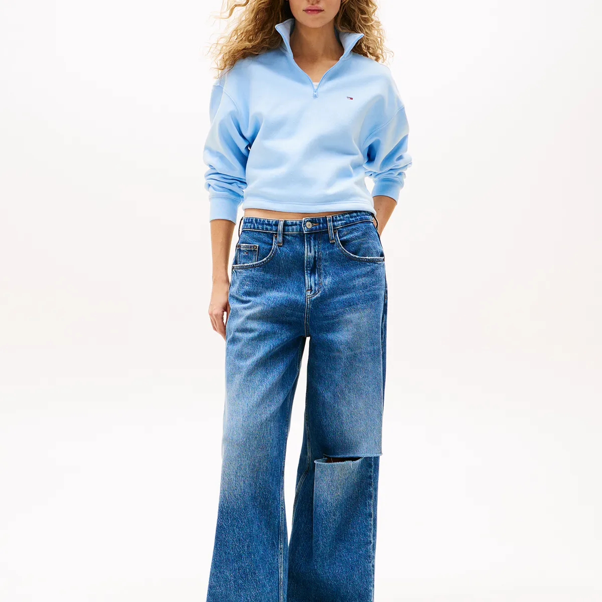 TOMMY HILFIGER - Polerón Relaxed Cropped Con Cremallera Celeste Tommy Jeans
