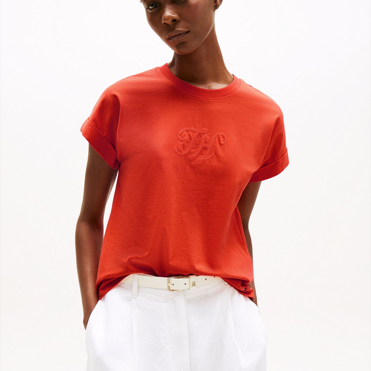 TOMMY HILFIGER - Polera Con Logo Floral Script Naranjo Tommy Hilfiger