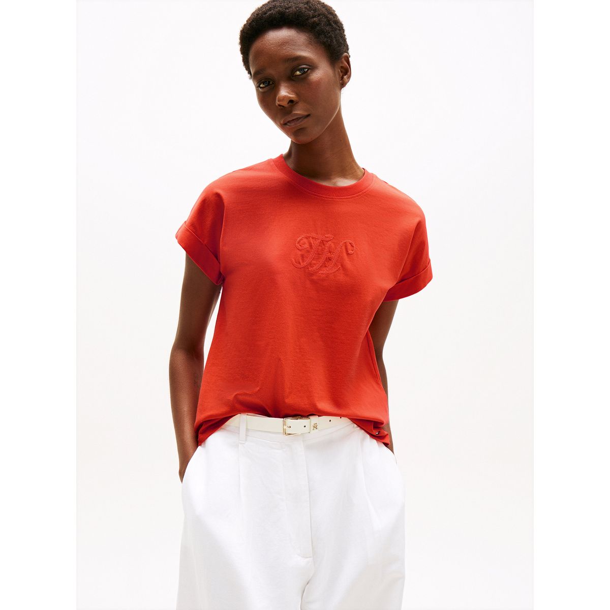 TOMMY HILFIGER - Polera Con Logo Floral Script Naranjo Tommy Hilfiger