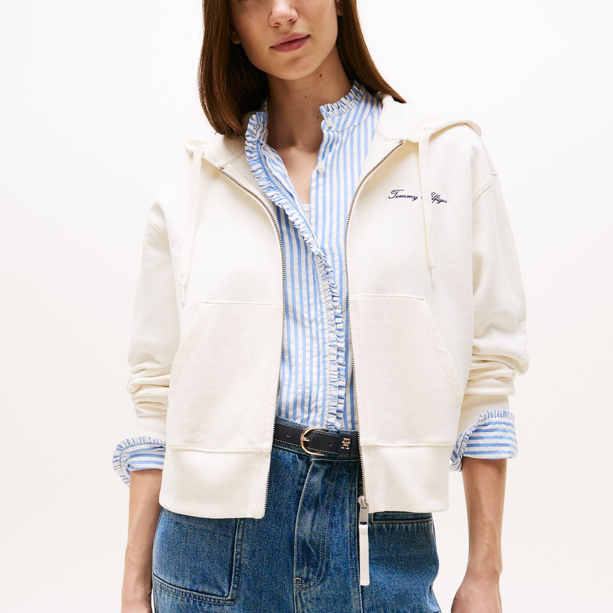 TOMMY HILFIGER - Polerón Hoodie Script Logo Con Cierre Blanco Tommy Hilfiger