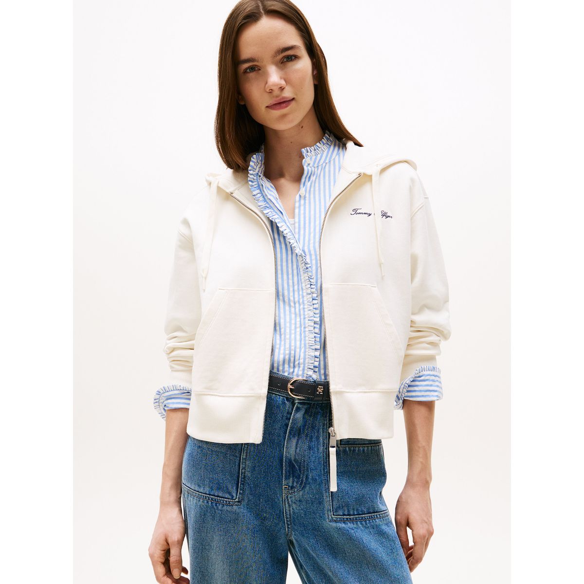 TOMMY HILFIGER - Polerón Hoodie Script Logo Con Cierre Blanco Tommy Hilfiger