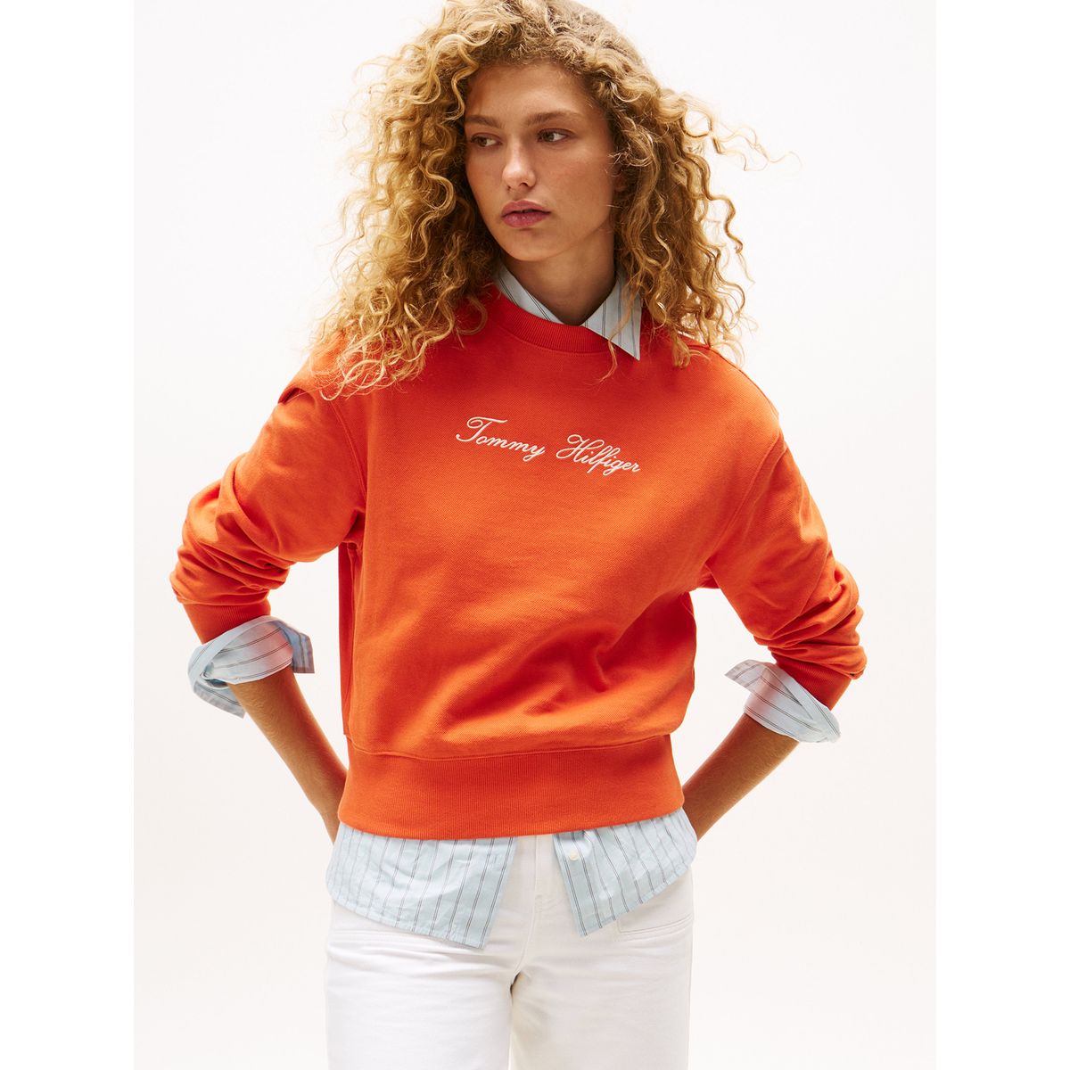 TOMMY HILFIGER - Polerón Con Logo Script Bordado Naranjo Tommy Hilfiger