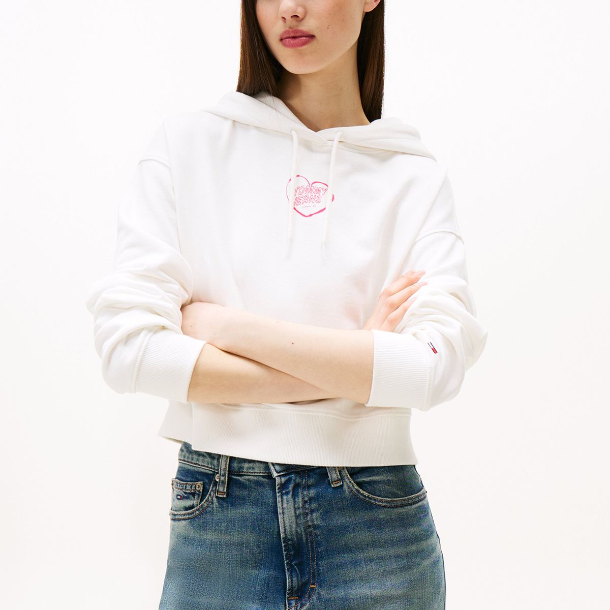 TOMMY HILFIGER - Polerón Hoodie Relaxed Cropped Blanco Tommy Jeans