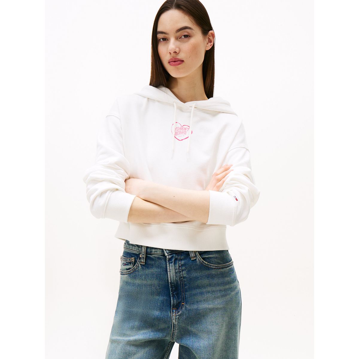 TOMMY HILFIGER - Polerón Hoodie Relaxed Cropped Blanco Tommy Jeans