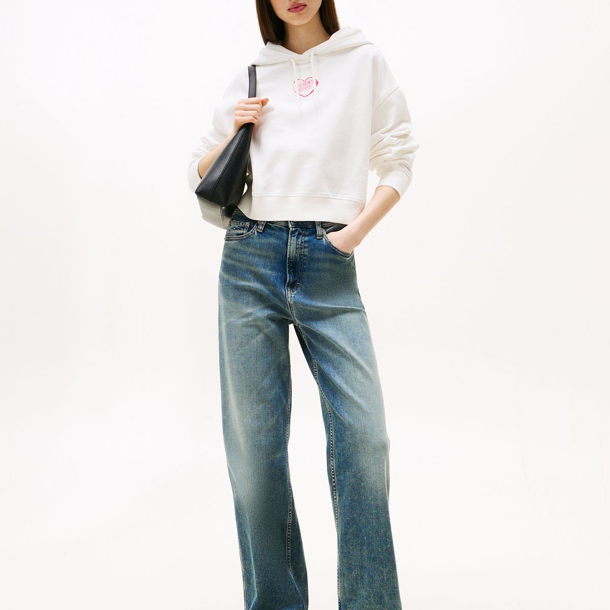 TOMMY HILFIGER - Polerón Hoodie Relaxed Cropped Blanco Tommy Jeans