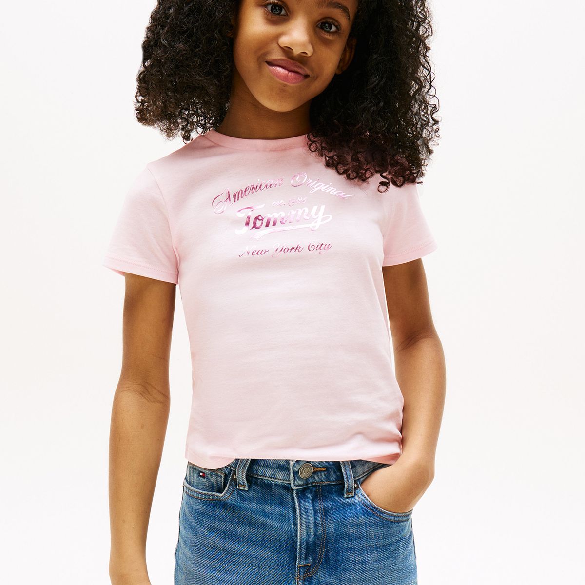 TOMMY HILFIGER - Polera Script Logo Metalizado Rosado Tommy Hilfiger