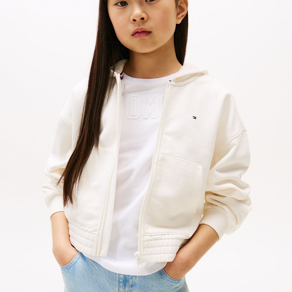 TOMMY HILFIGER - Polerón Hoodie Con Logo Y Cierre Blanco Tommy Hilfiger