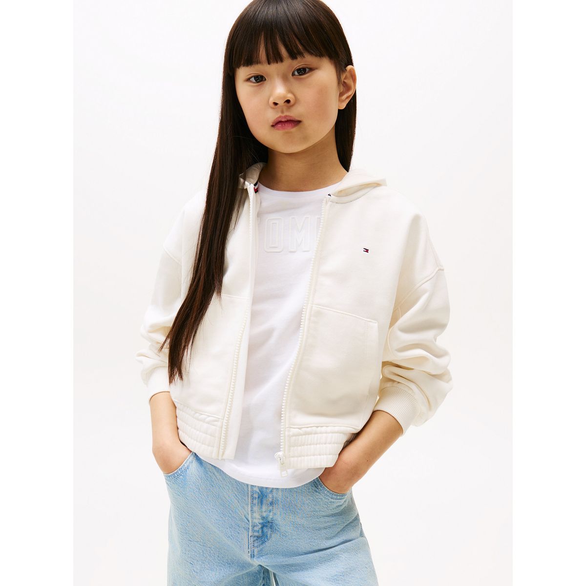 TOMMY HILFIGER - Polerón Hoodie Con Logo Y Cierre Blanco Tommy Hilfiger