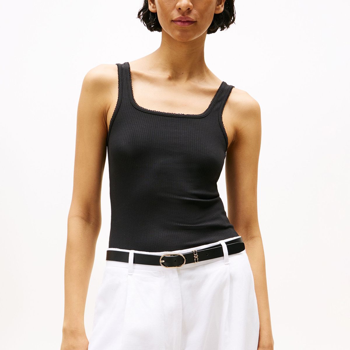 TOMMY HILFIGER - Polera Acanalada Solid Negro Tommy Hilfiger