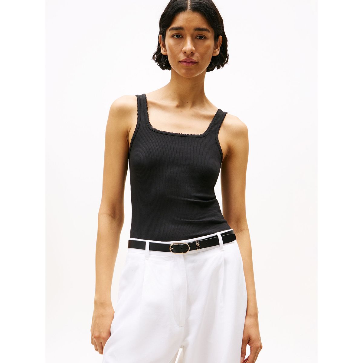 TOMMY HILFIGER - Polera Acanalada Solid Negro Tommy Hilfiger