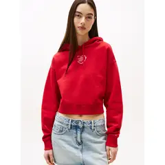 TOMMY HILFIGER - Polerón Hoodie Relaxed Cropped Rojo Tommy Jeans