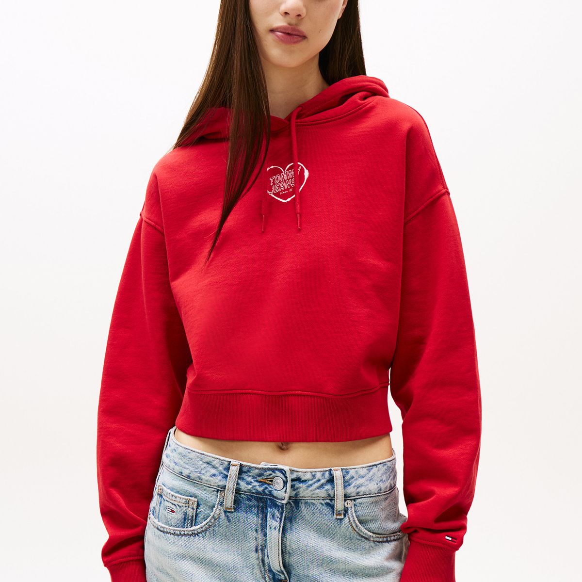 TOMMY HILFIGER - Polerón Hoodie Relaxed Cropped Rojo Tommy Jeans