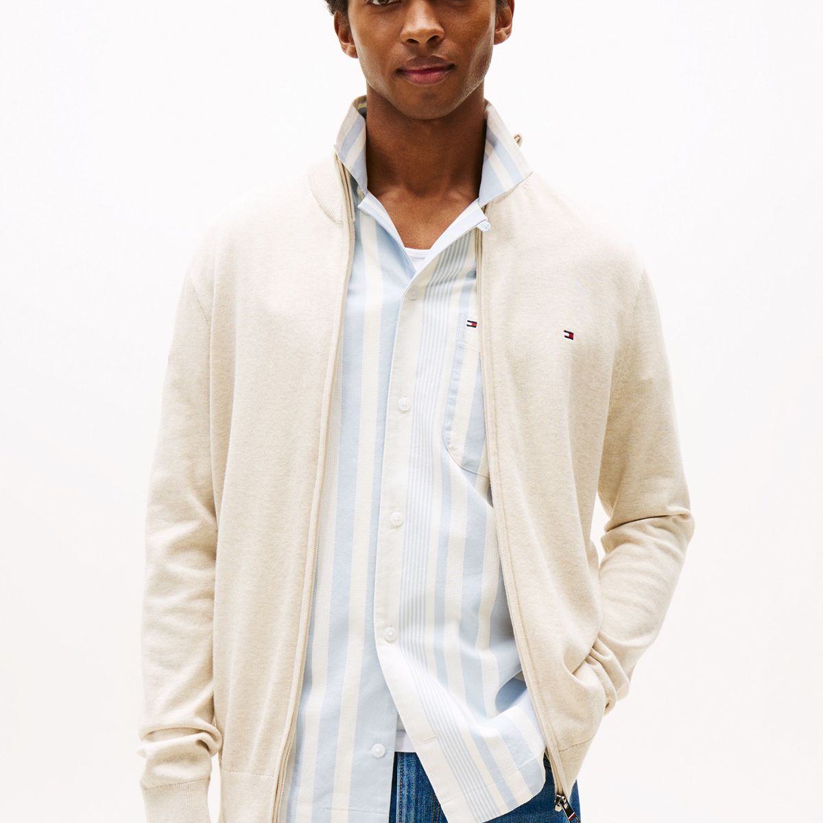 TOMMY HILFIGER - Sweater Essential Cotton Con Cierre Beige Tommy Hilfiger