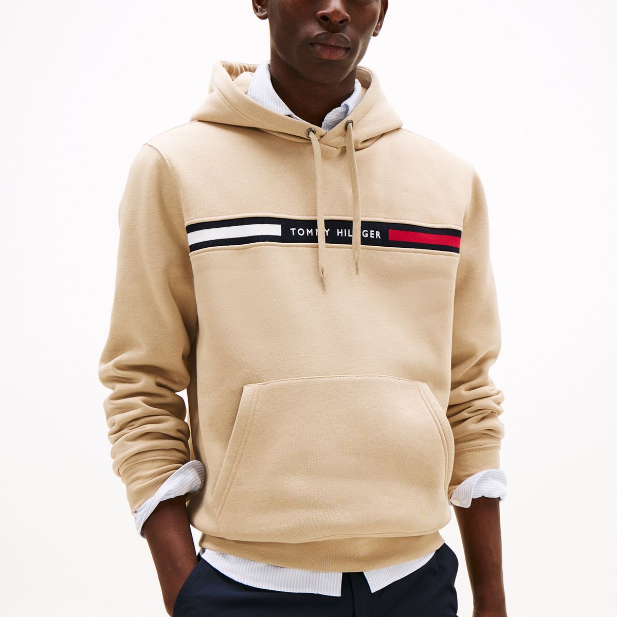 TOMMY HILFIGER - Polerón Hoodie Chest Logo Beige Tommy Hilfiger