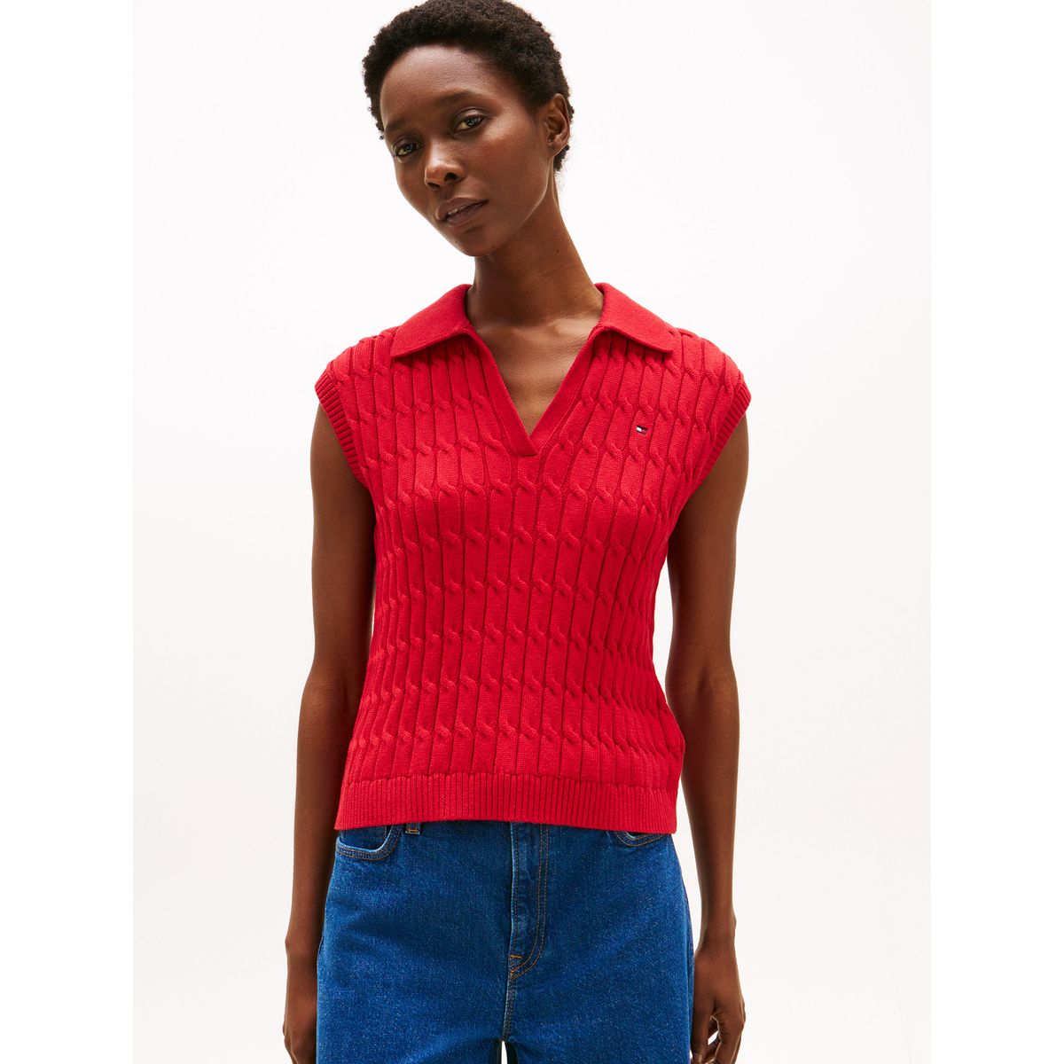TOMMY HILFIGER - Sweater Trenzado Sin Mangas Rojo Tommy Hilfiger