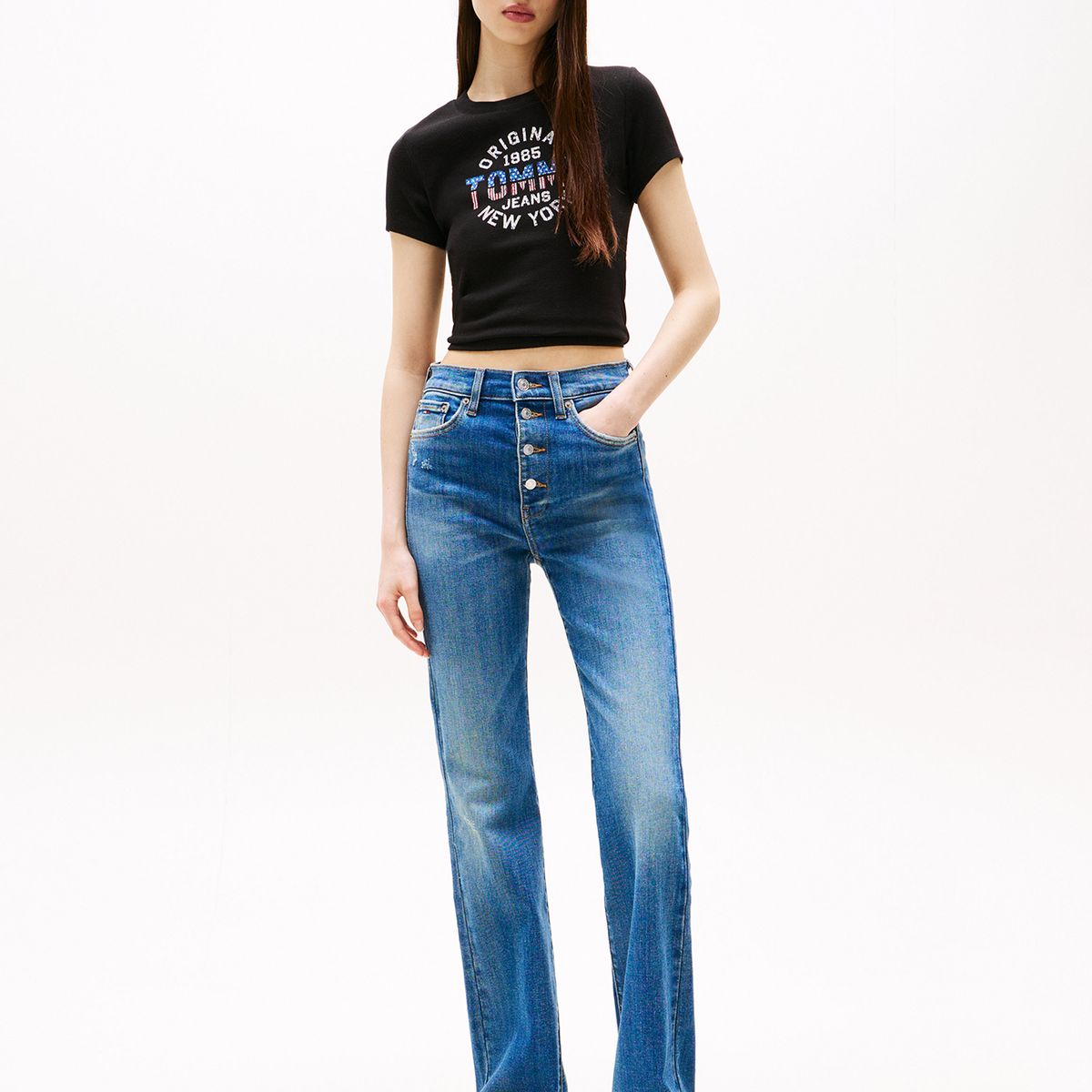 TOMMY HILFIGER - Polera Acanalada Con Logo New York Negro Tommy Jeans