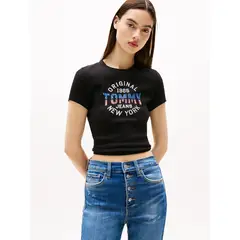 TOMMY HILFIGER - Polera Acanalada Con Logo New York Negro Tommy Jeans