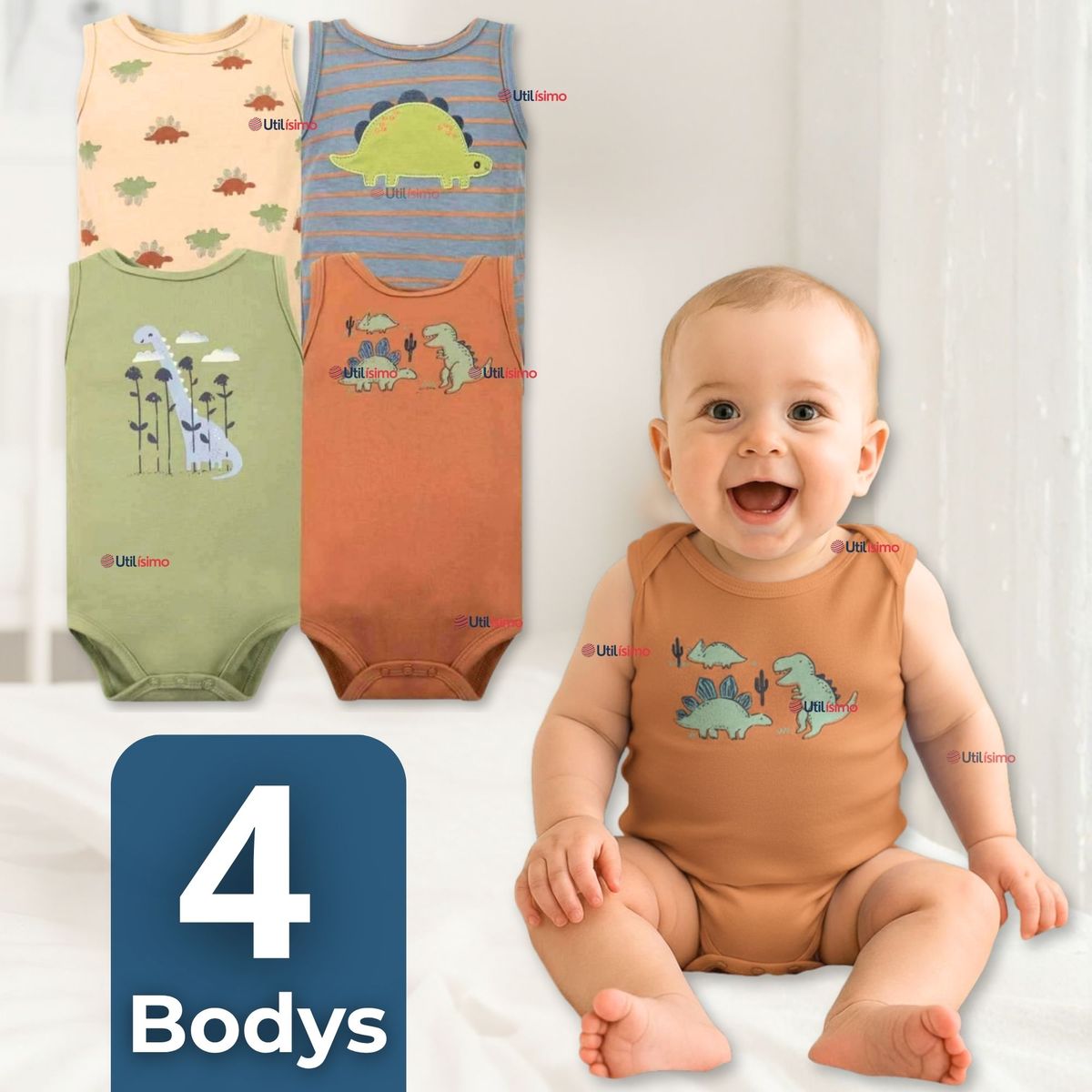 TEDMIMAK - Pack 4 Bodys Niño Sin Manga Tedmimak 100% Algodón Baby Dino