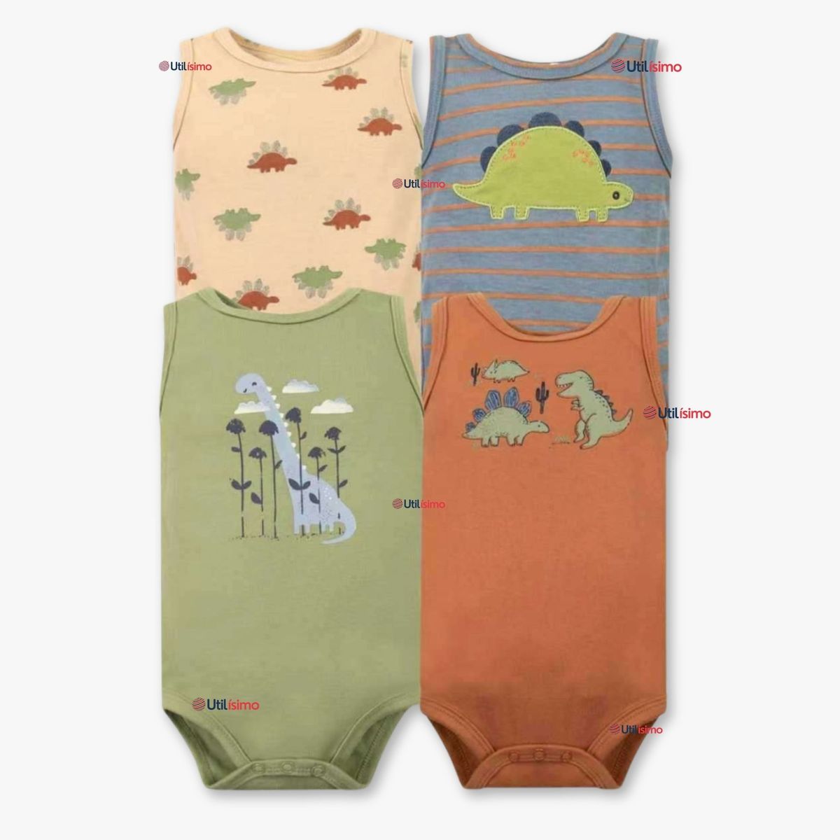 TEDMIMAK - Pack 4 Bodys Niño Sin Manga Tedmimak 100% Algodón Baby Dino