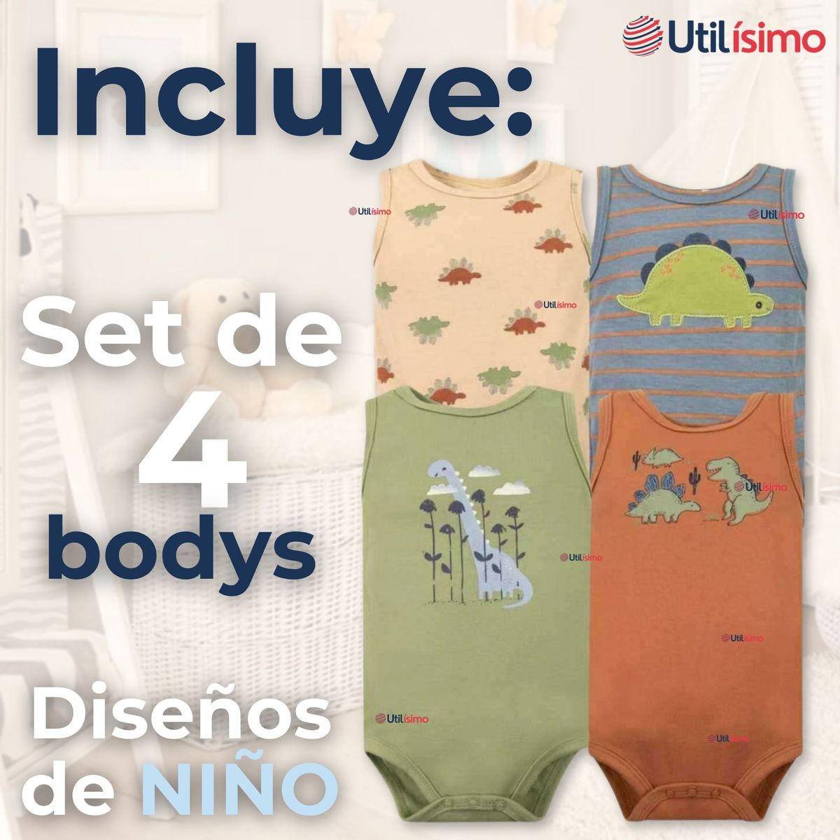 TEDMIMAK - Pack 4 Bodys Niño Sin Manga Tedmimak 100% Algodón Baby Dino
