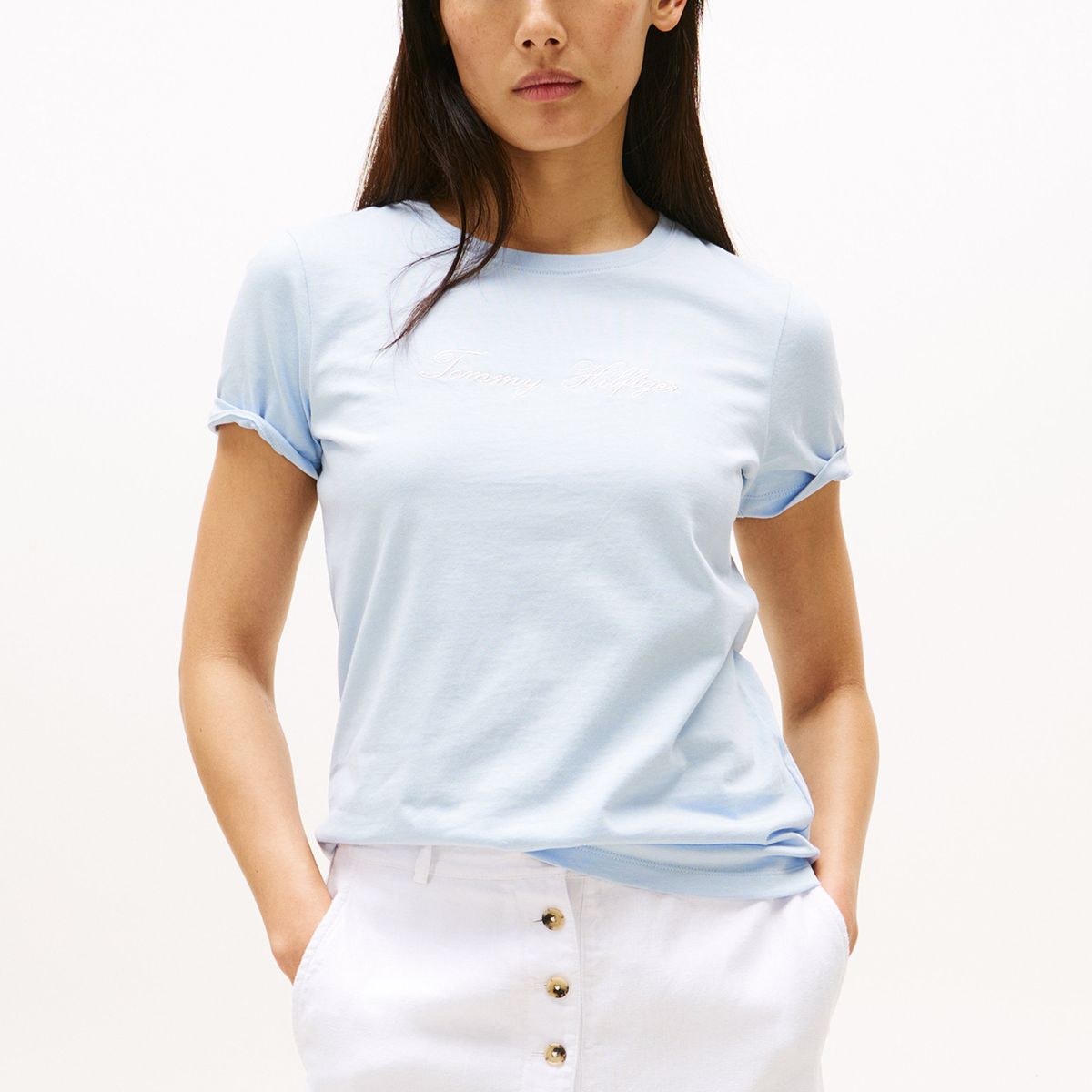 TOMMY HILFIGER - Polera Con Logo Bordado Celeste Tommy Hilfiger