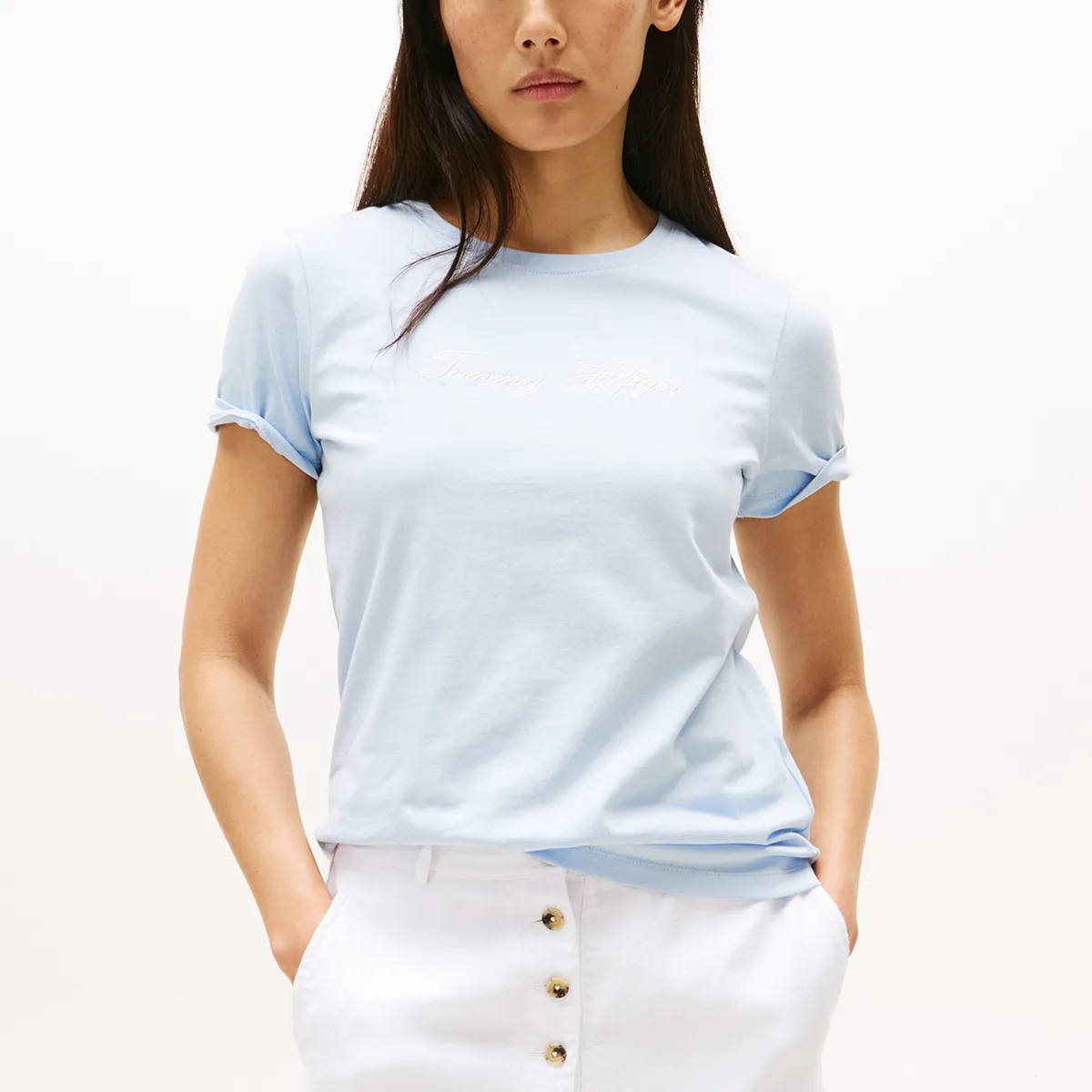 TOMMY HILFIGER - Polera Con Logo Bordado Celeste Tommy Hilfiger