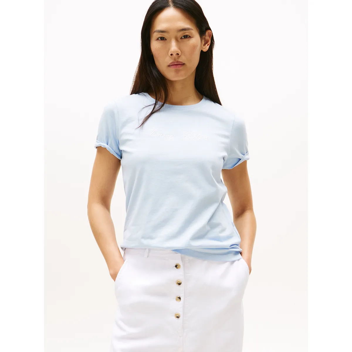 TOMMY HILFIGER - Polera Con Logo Bordado Celeste Tommy Hilfiger