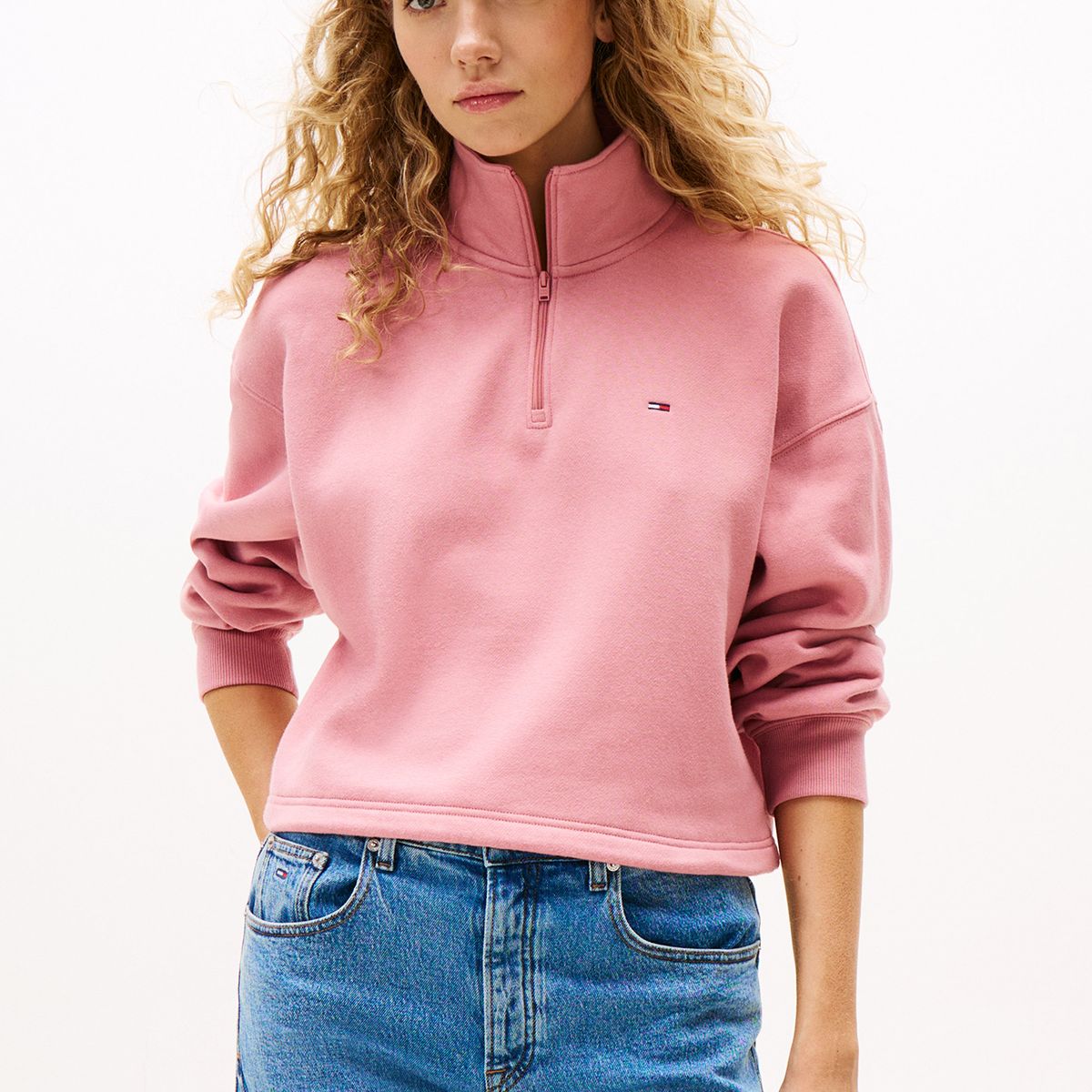 TOMMY HILFIGER - Polerón Relaxed Cropped Con Cremallera Rosado Tommy Jeans