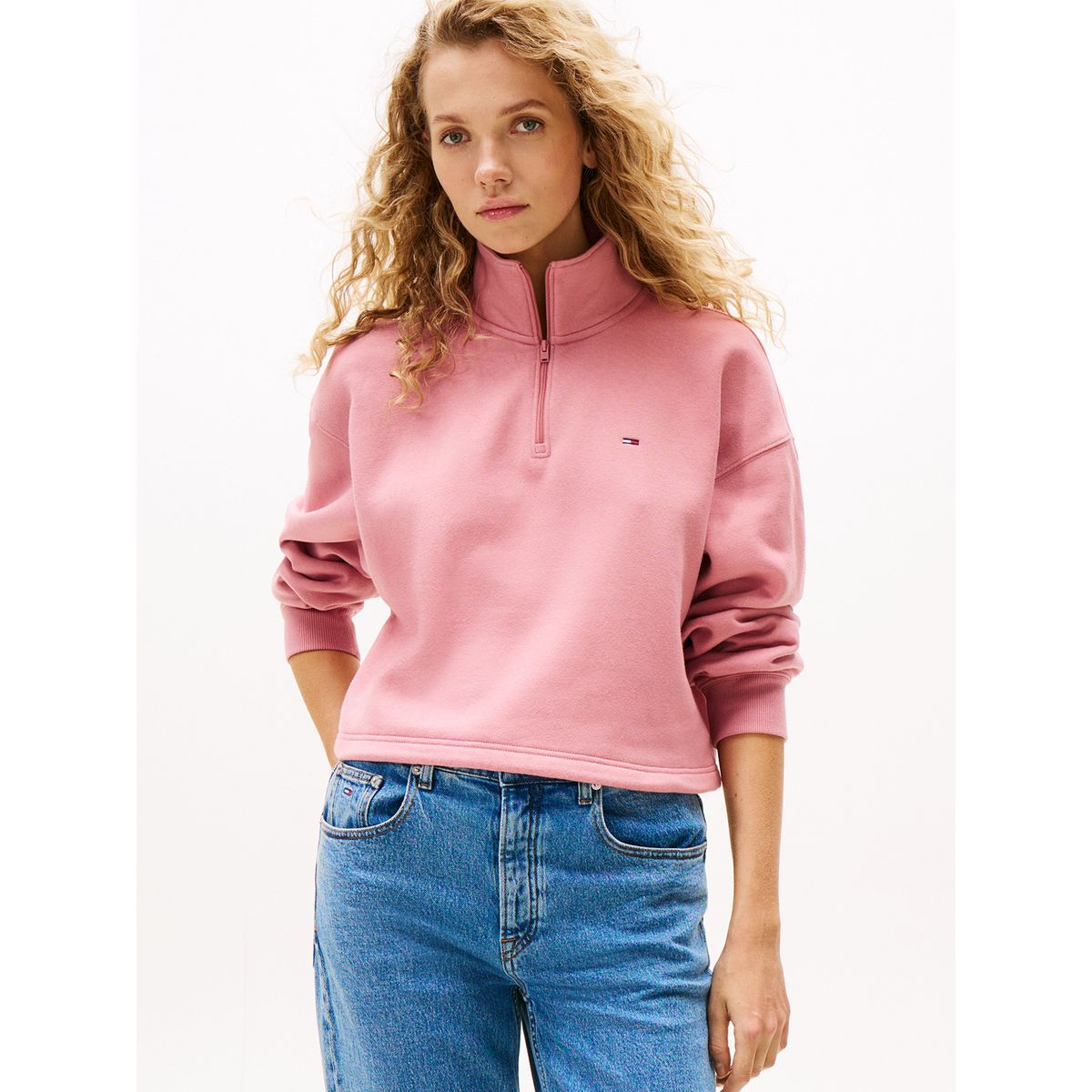 TOMMY HILFIGER - Polerón Relaxed Cropped Con Cremallera Rosado Tommy Jeans