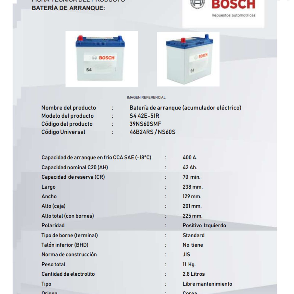 BOSCH - Batería Bosch 12v 42ah 400cca S4 46b24rs  Ns60s Izquierdo