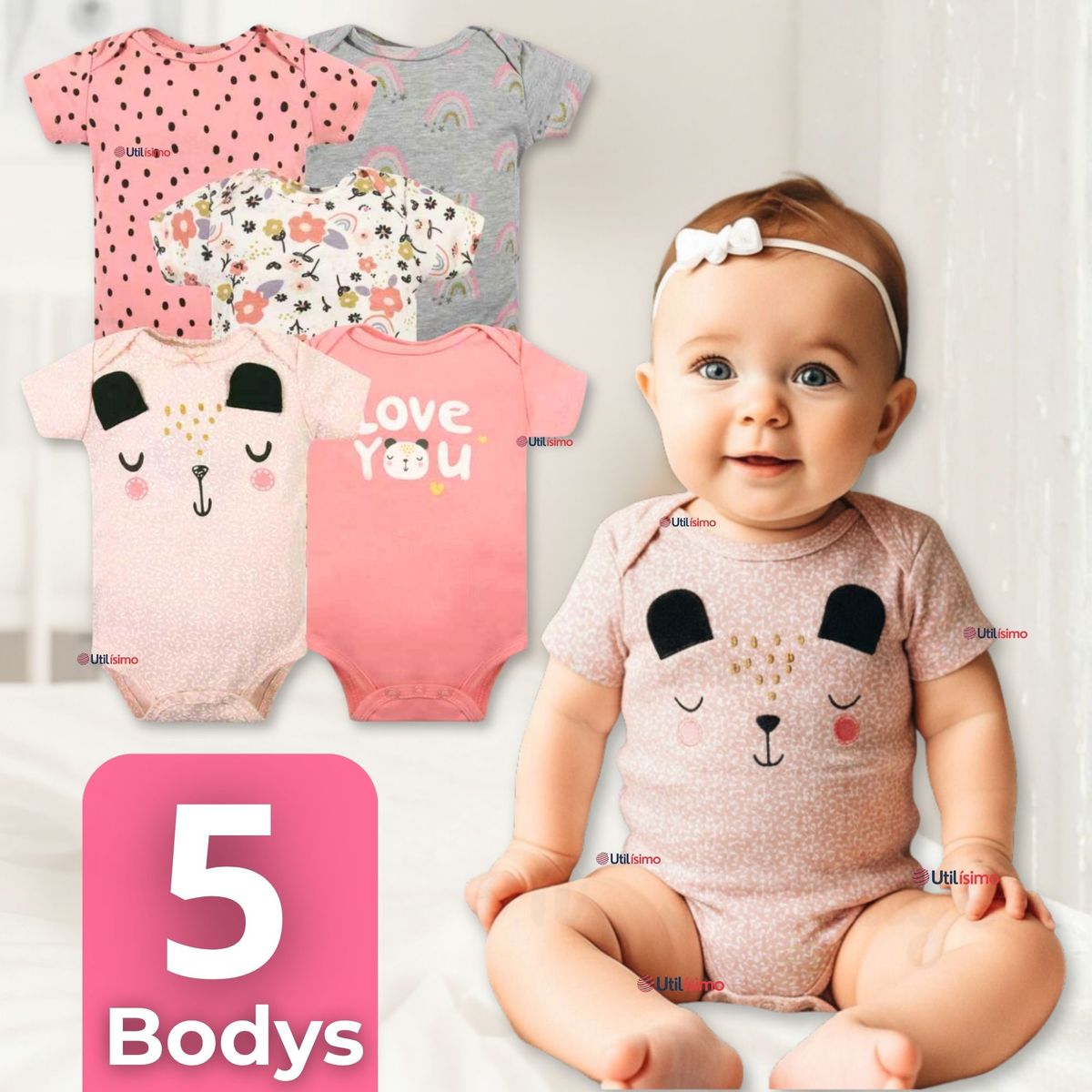 TEDMIMAK - Pack 5 Bodys Niña Manga Corta Tedmimak 100% Algodón Princess love