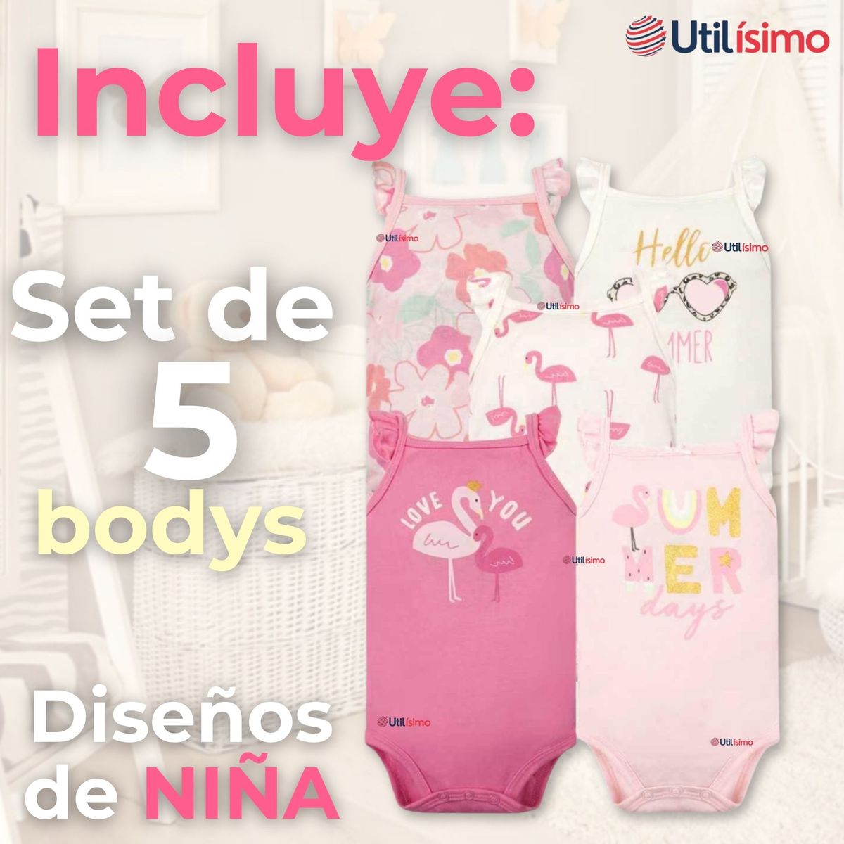 TEDMIMAK - Pack 5 Bodys Niña Sin Manga Tedmimak 100% Algodón Hello princess