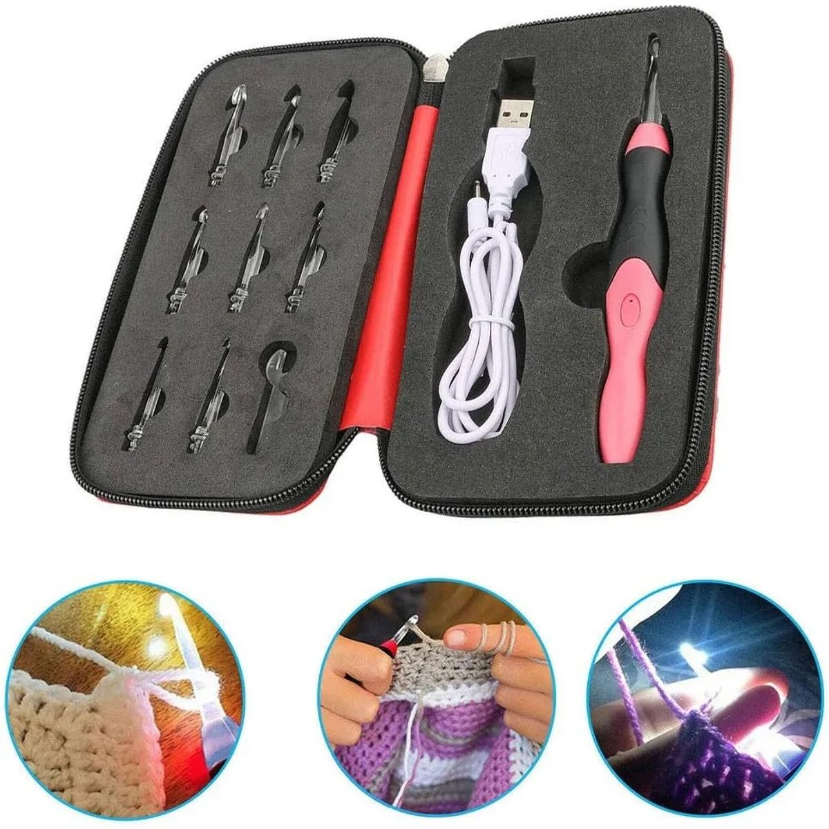 GENERICO - Crochet Con Luz Led 9 Cabezales Recargable Por Usb Rojo