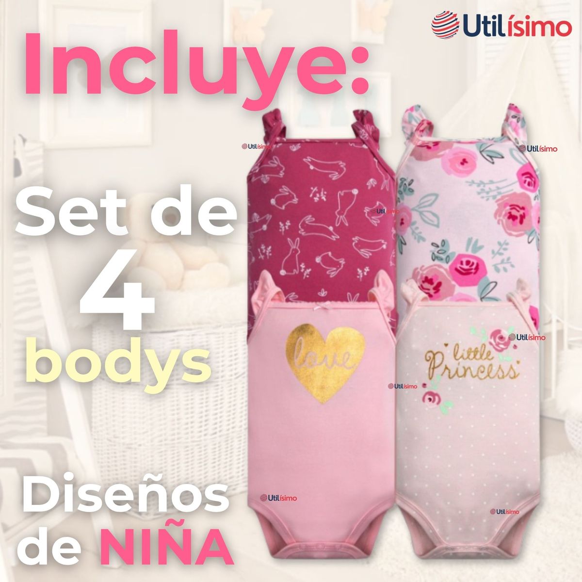 TEDMIMAK - Pack 4 Bodys Niña Sin Manga Tedmimak 100% Algodón Princess Pink