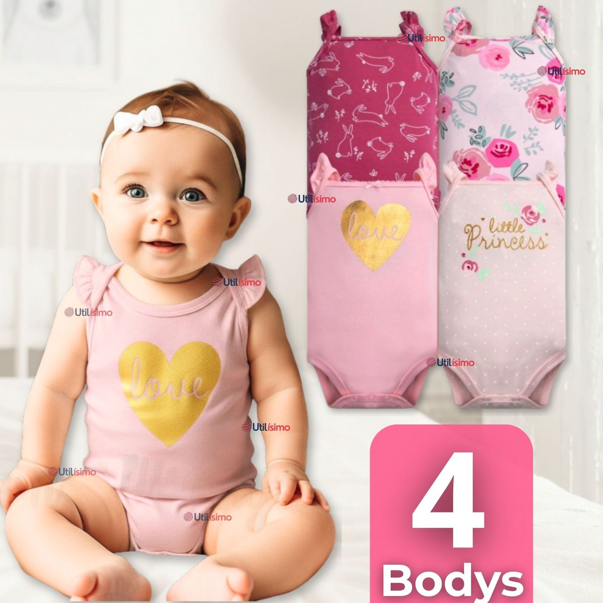 TEDMIMAK - Pack 4 Bodys Niña Sin Manga Tedmimak 100% Algodón Princess Pink