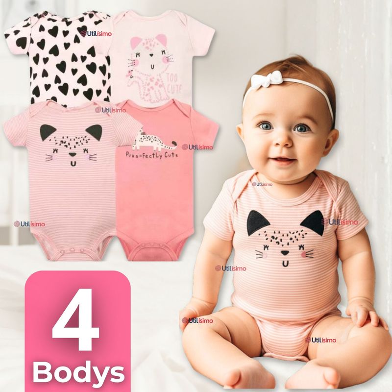 TEDMIMAK - Pack 4 Bodys Niña Manga Corta Tedmimak 100% Algodón Cat Love