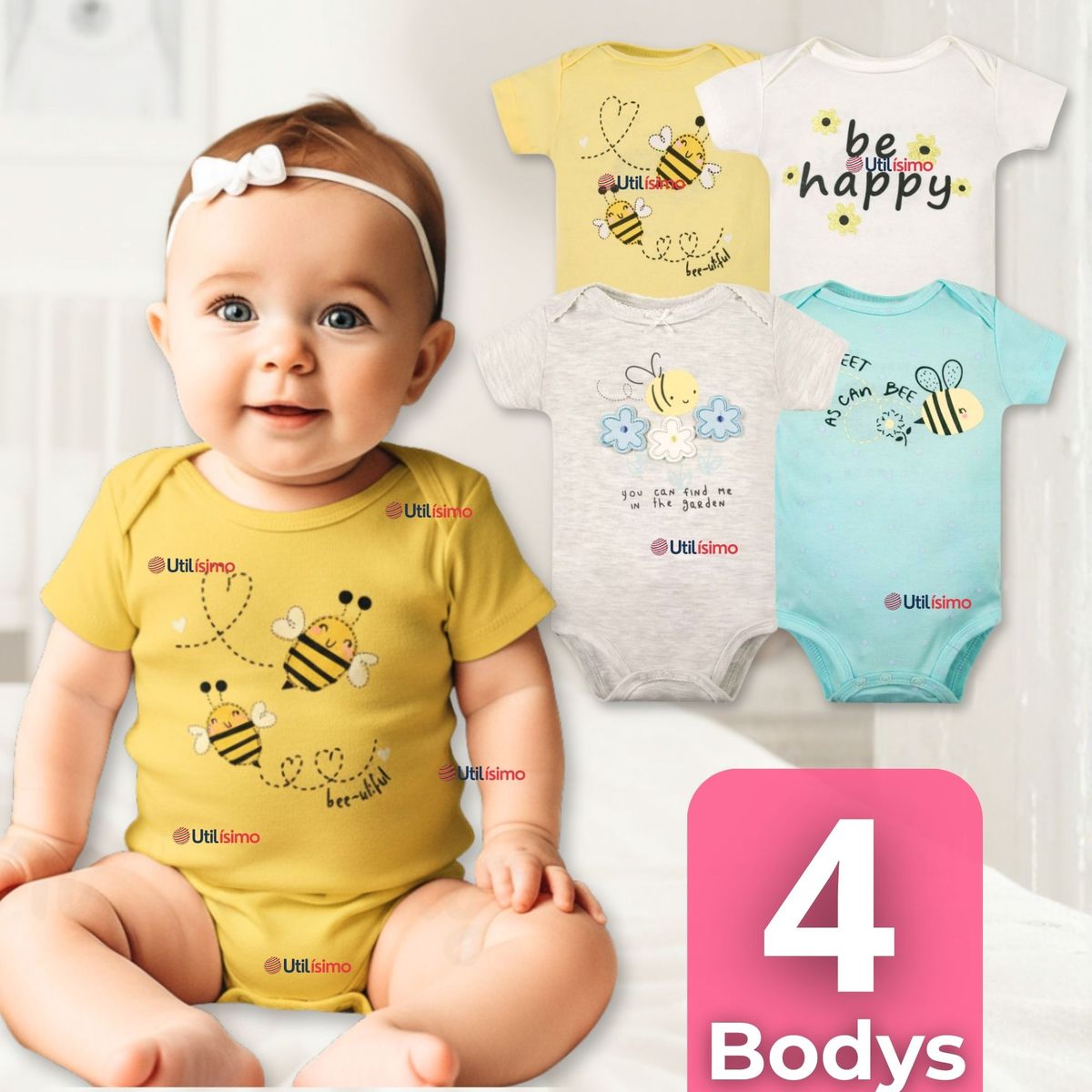 TEDMIMAK - Pack 4 Bodys Niña Manga Corta Tedmimak 100% Algodón Little bee